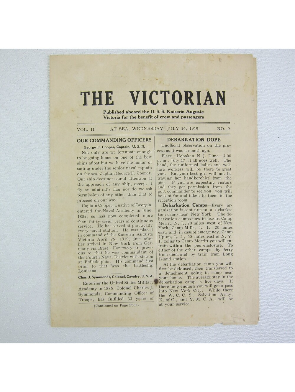 USS Kaiserin Auguste Victoria Shipboard Newspaper The Victorian WWI 16 July 1919